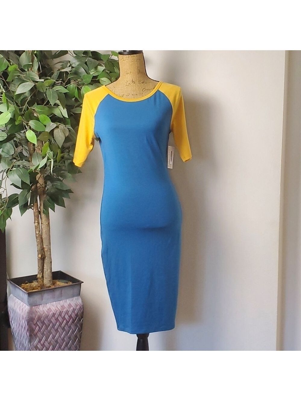 LuLaRoe Julia Dress XS Colorblock Mustard Blue